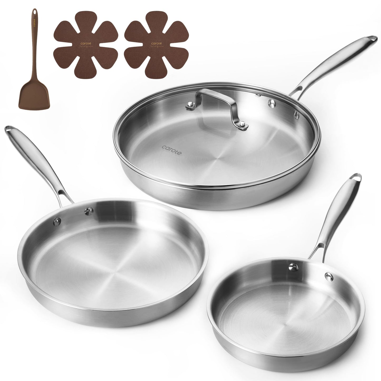 CAROTE 3-Piece Tri-Ply Stainless Steel Frying Pan Set, Skillet Set 8"/10"/12", Induction Compatible, Oven & Dishwasher Safe, Gold Handle, Mothers Day Gifts