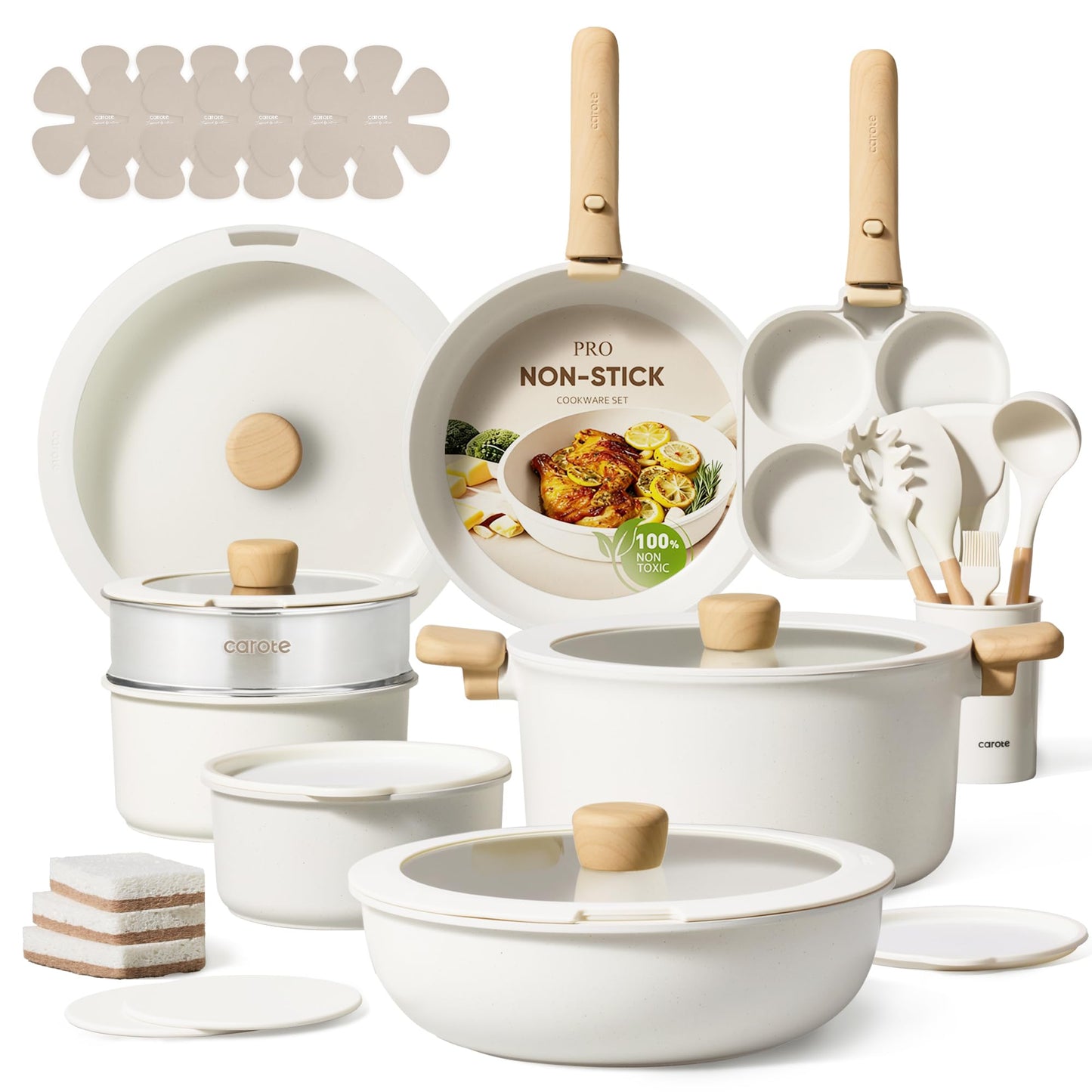 CAROTE 19pcs Pots and Pans Non Stick, Cookware Sets Detachable Handle, Induction Kitchen Pots and Pans,NonStick Cooking Set, Oven/Dishwasher/Fridge Safe, Space Saving