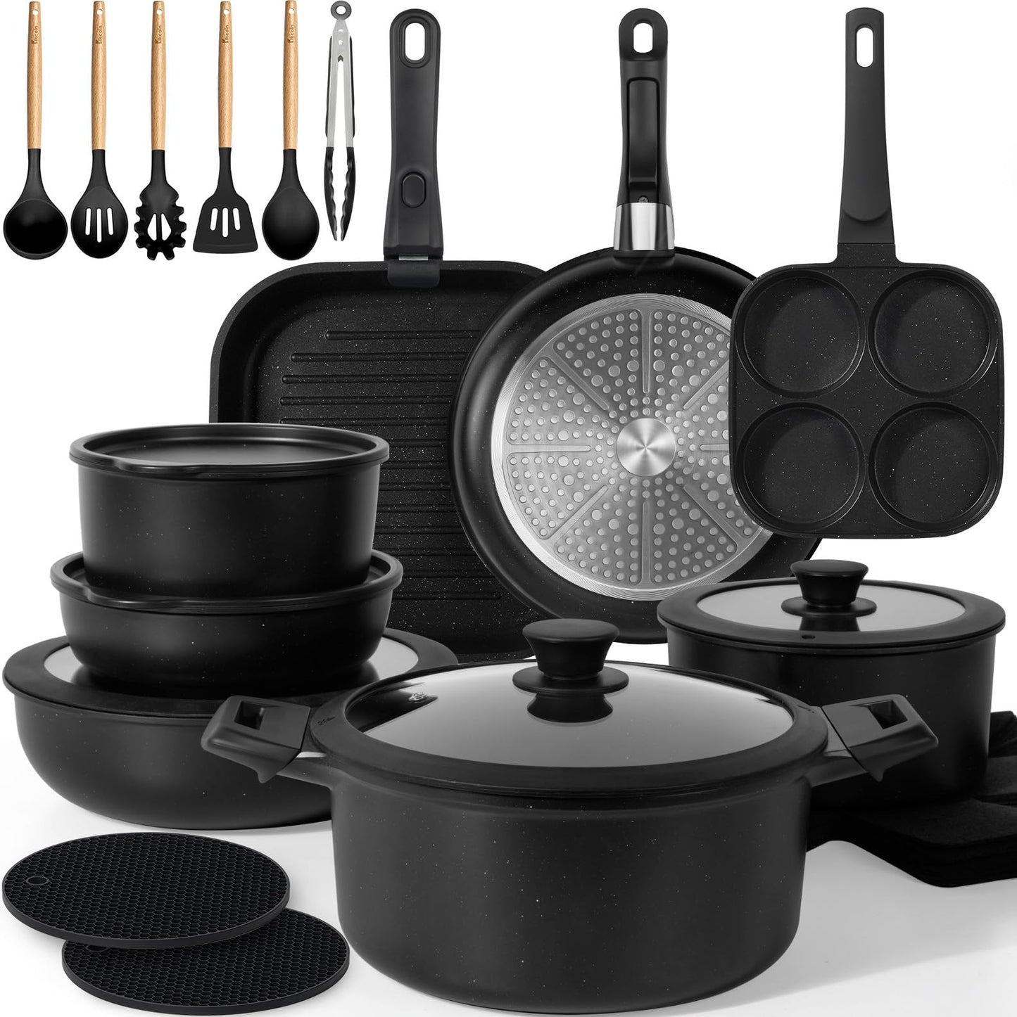 Nonstick Pots and Pans Set - 20 Pack KIKCOIN Stackable Cookware Set with Detachable Handle, RV Kitchen Cooking Set with Removable Handles - Oven Safe, Induction Ready (Black)