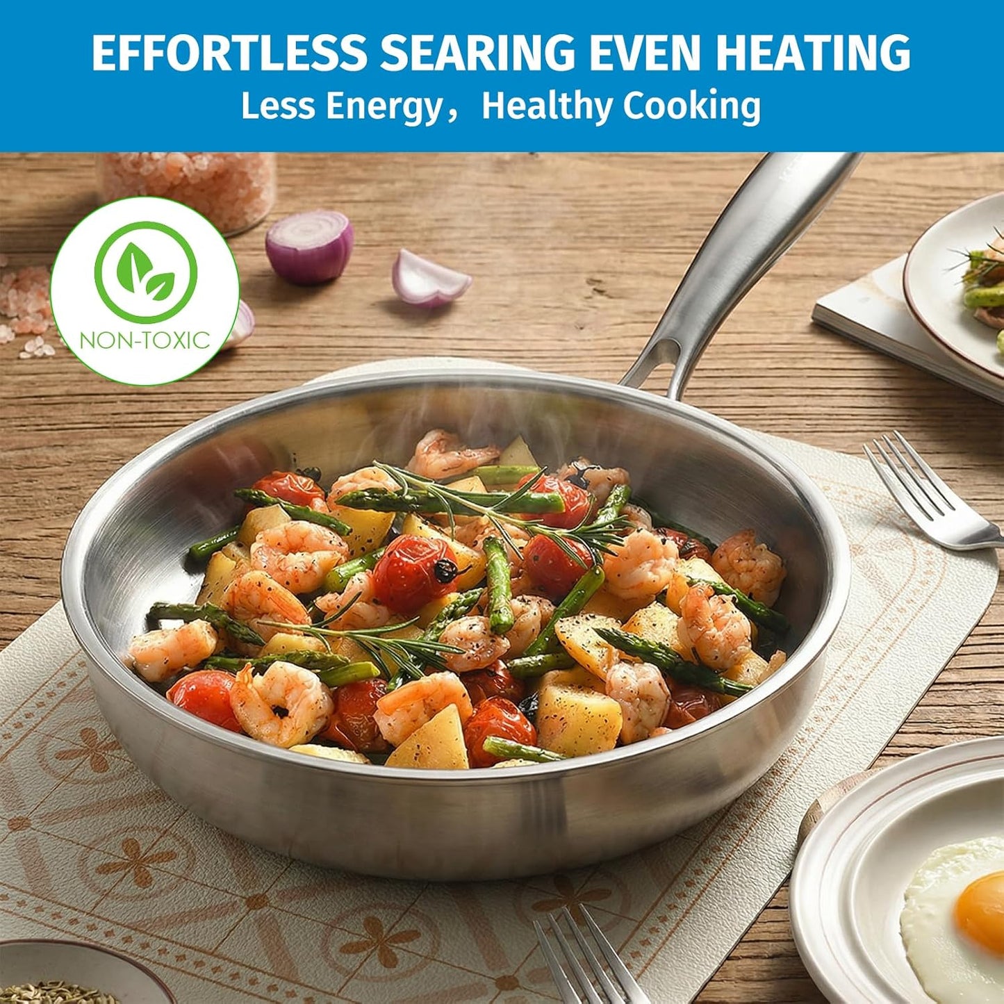 12 inch Stainless Steel Frying Pan, Tri-Ply Stainless Steel Pan with Lid, Oven & Dishwasher Safe, Induction Cooking Pans, Fast & Even Heat