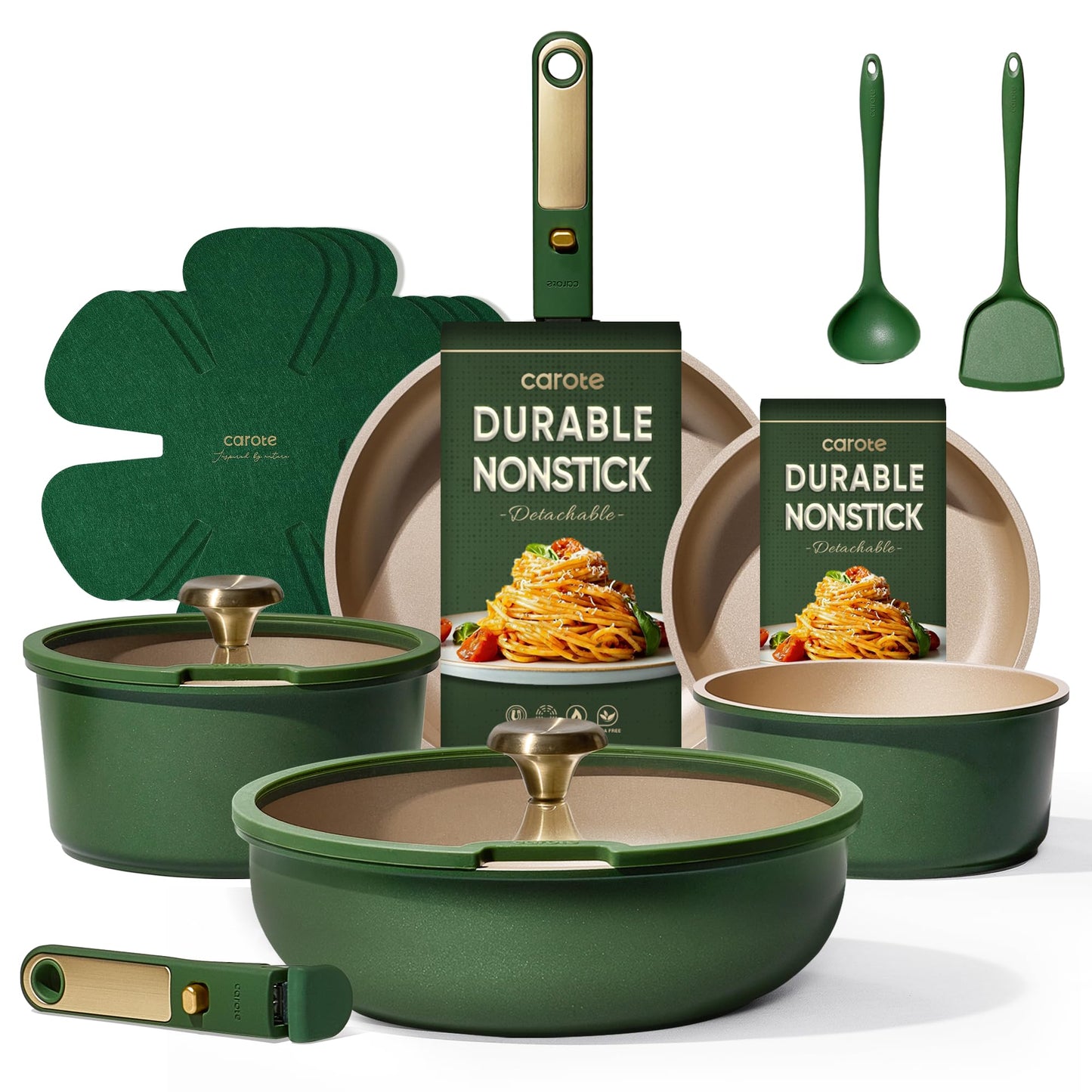 CAROTE Green&Gold Nonstick Cookware Set,15Pcs Pots and Pans Set Non Stick Detachable/Removable Handle,Kitchen Cooking Set Dishwasher Safe, RV Kitchen Pot and Pan, Induction Cookware