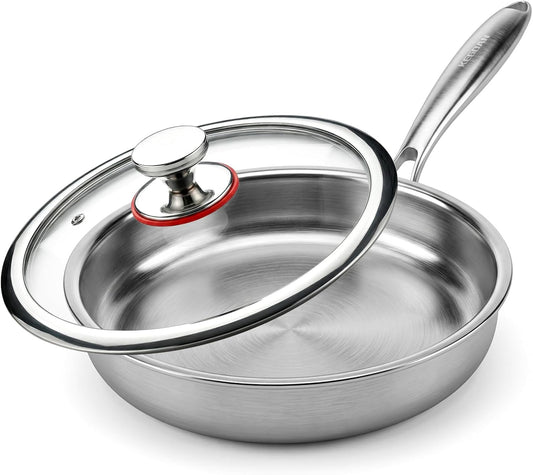 12 inch Stainless Steel Frying Pan, Tri-Ply Stainless Steel Pan with Lid, Oven & Dishwasher Safe, Induction Cooking Pans, Fast & Even Heat