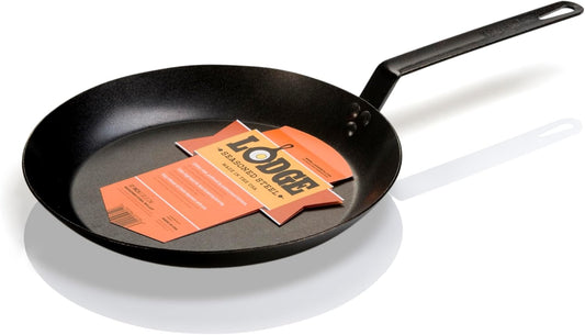 Lodge 12 Inch Carbon Steel Skillet - PFAS-Free Pre-Seasoned Carbon Steel Frying Pan for High-Heat Searing - Long Handle Design for Omelets, Grilling, and Campfire Cooking, Black - Made in the USA