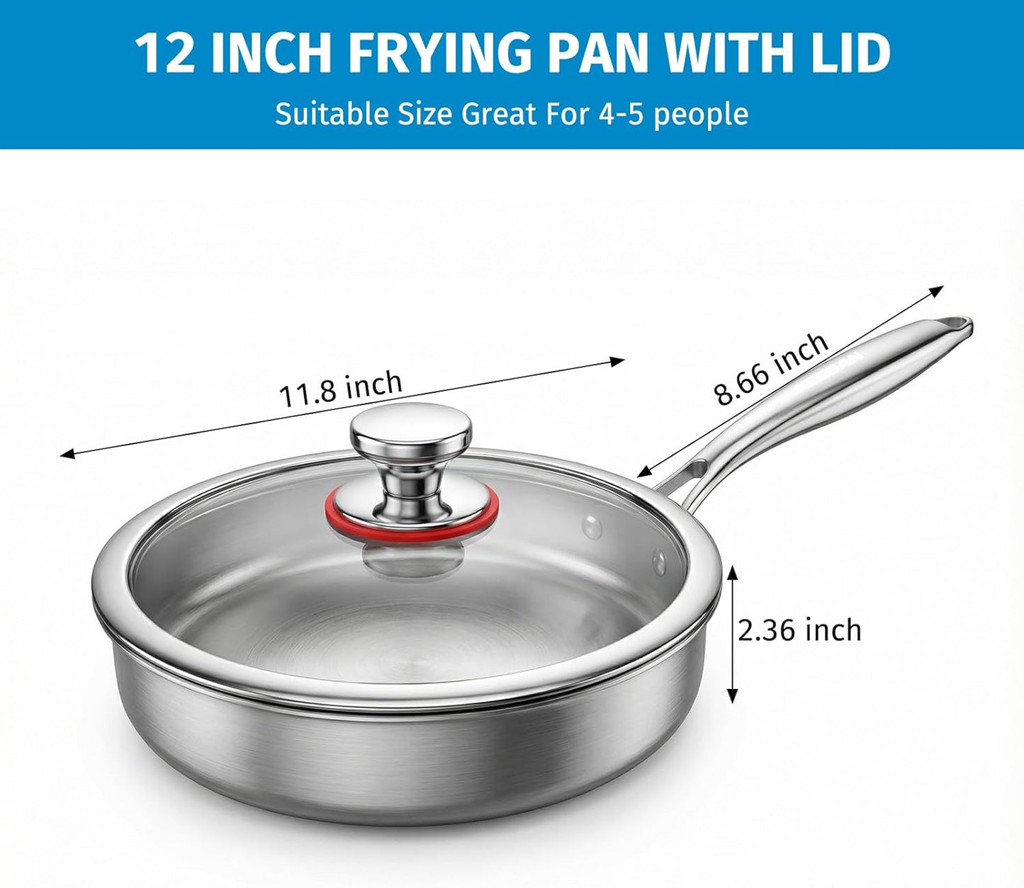 12 inch Stainless Steel Frying Pan, Tri-Ply Stainless Steel Pan with Lid, Oven & Dishwasher Safe, Induction Cooking Pans, Fast & Even Heat