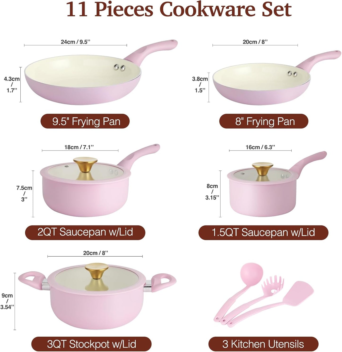 M MELENTA Pots and Pans Set Non Stick, Pink Ceramic Cookware Set, 11-Piece Induction Cookware, Non Toxic Healthy Kitchen Cooking Set, Gold Knobs Lids, Stay-Cool Handles