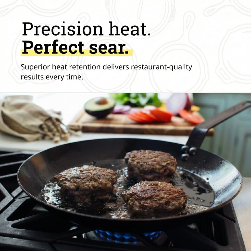 Lodge 12 Inch Carbon Steel Skillet - PFAS-Free Pre-Seasoned Carbon Steel Frying Pan for High-Heat Searing - Long Handle Design for Omelets, Grilling, and Campfire Cooking, Black - Made in the USA