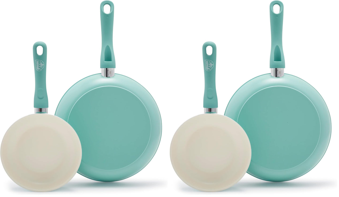 GreenLife Non Stick Fry Pan Set (7" & 10"), Non-Toxic PFAS-Free Ceramic Skillets, Dishwasher & Oven Safe, Egg Omelet Frying Pans, Stay- Cool Handles, Kitchen Home Cooking Essentials, Turquoise