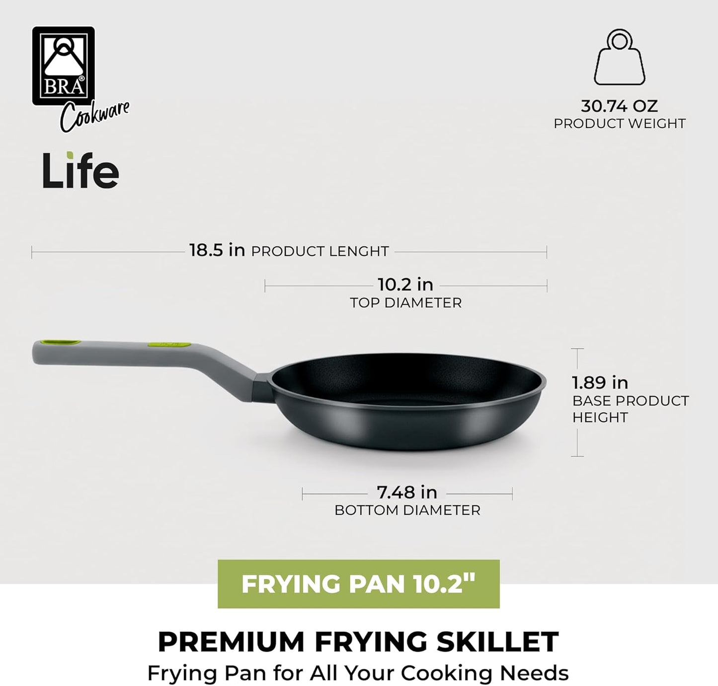 BRA COOKWARE Life Ceramic Nonstick Frying Pan | 10.2 Inch Recycled Cast Aluminum Skillet | Ceramic Non-Stick Fry Pan | PFOA Free Searing Skillet | All Cooktops (incl. Induction) | Soft-Touch Handle