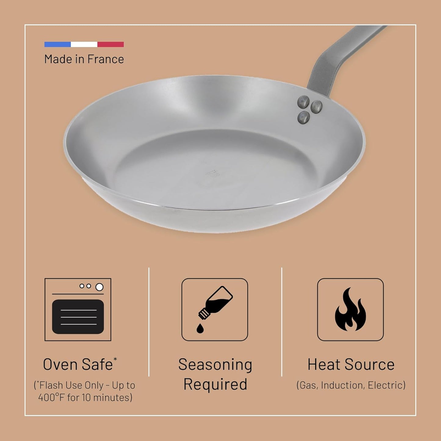 de Buyer MINERAL B Carbon Steel Fry Pan - 8” Diameter, 5.5” Cooking Surface - Ideal for Searing, Sauteing & Reheating - Naturally Non-Stick Finish - Made in France