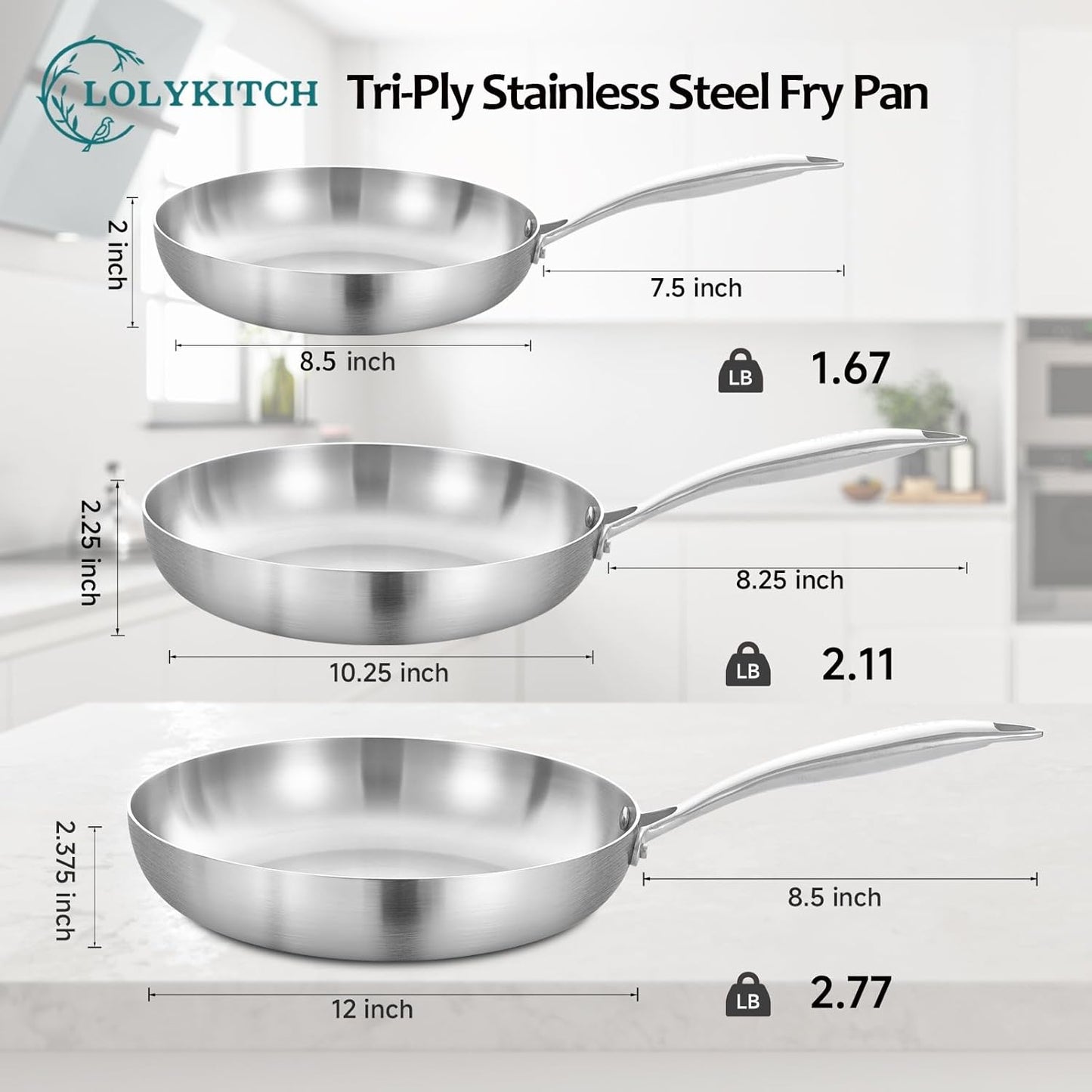 LOLYKITCH 8+10+12 Inch Tri-Ply Stainless Steel Frying Pan Set– Professional Skillet Fast & Even Heating, Induction & Oven Safe Cookware for Modern Home Kitchens, Detachable Handle