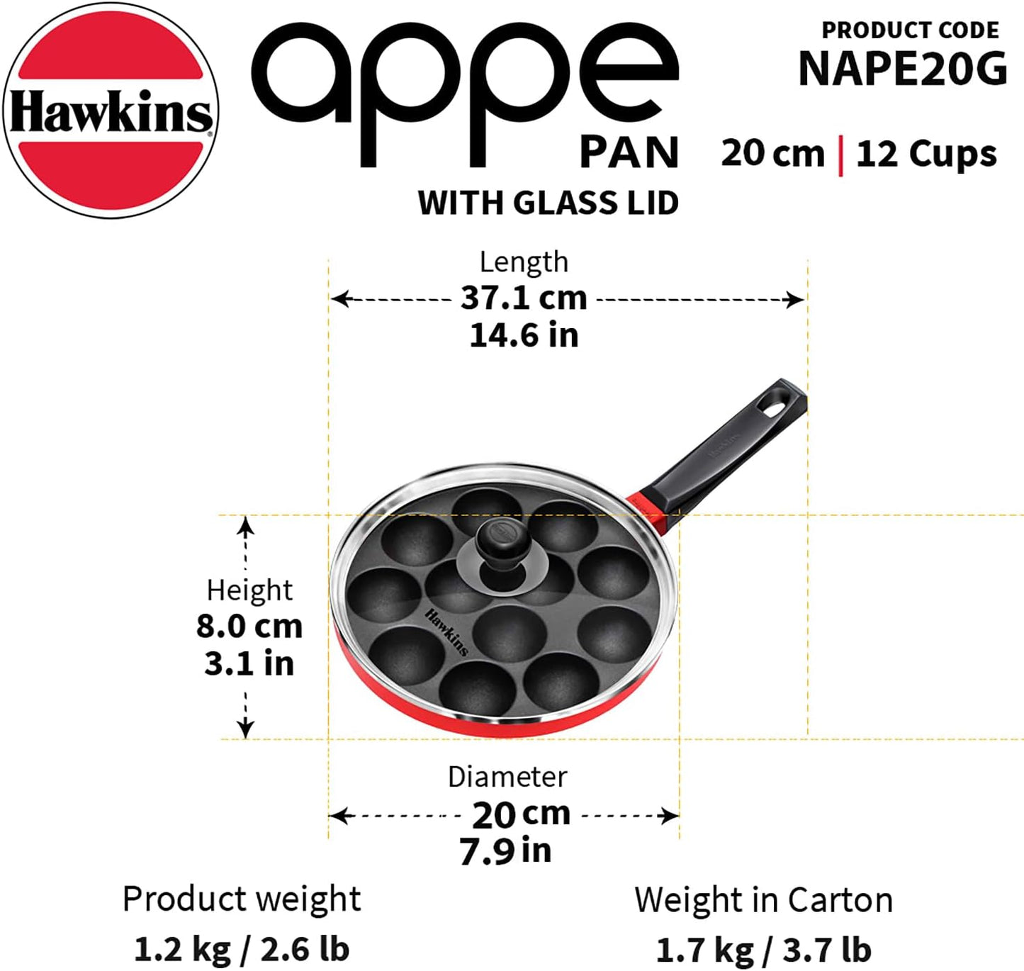 Hawkins Nonstick Appe Pan with Glass Lid, 12 Cups, Diameter 20 cm, Black, Cast Aluminium, Red