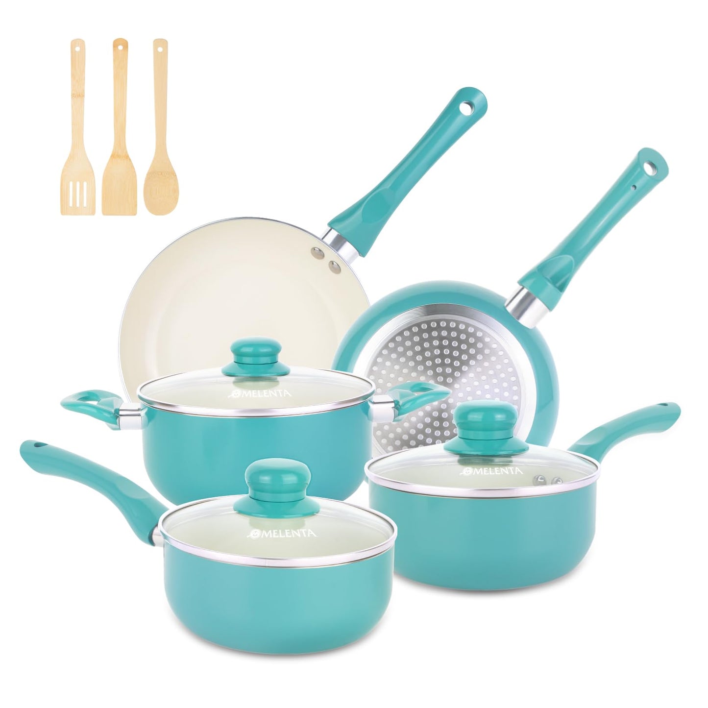M MELENTA Pots and Pans Set Non Stick, Pink Ceramic Cookware Set, 11-Piece Induction Cookware, Non Toxic Healthy Kitchen Cooking Set, Gold Knobs Lids, Stay-Cool Handles