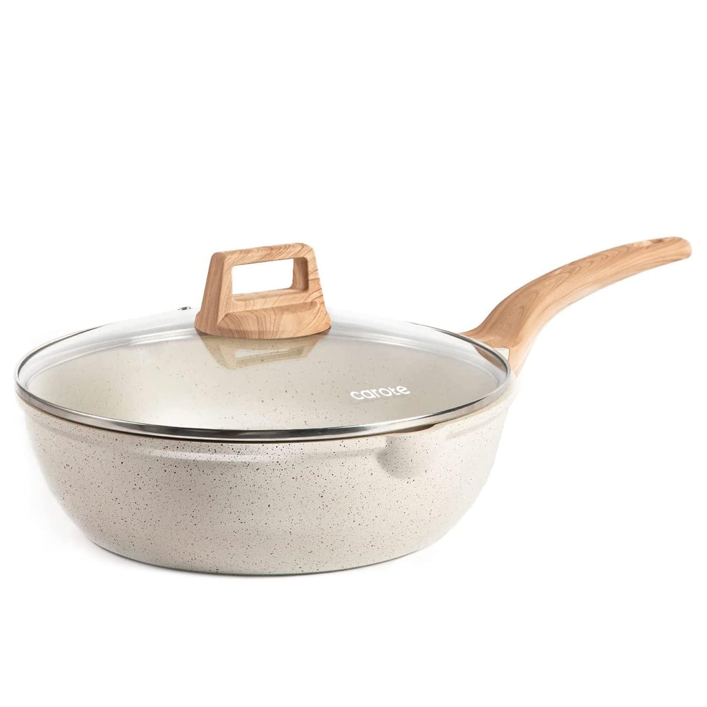 CAROTE 12 Inch Nonstick Deep Frying Pan with Lid, 5.5 Qt Jumbo Cooker Saute Pan with Pour Spout, Skillet Induction Cookware, Non Stick Cooking Pan PFOA Free, Classic Granite