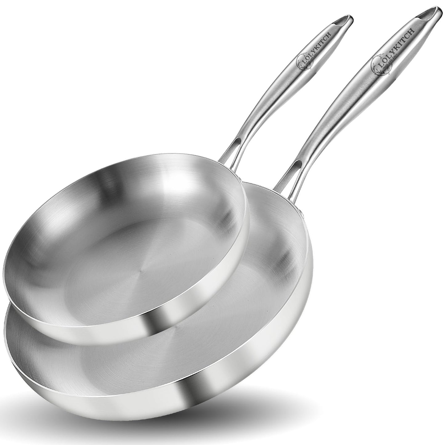 LOLYKITCH 8+10+12 Inch Tri-Ply Stainless Steel Frying Pan Set– Professional Skillet Fast & Even Heating, Induction & Oven Safe Cookware for Modern Home Kitchens, Detachable Handle