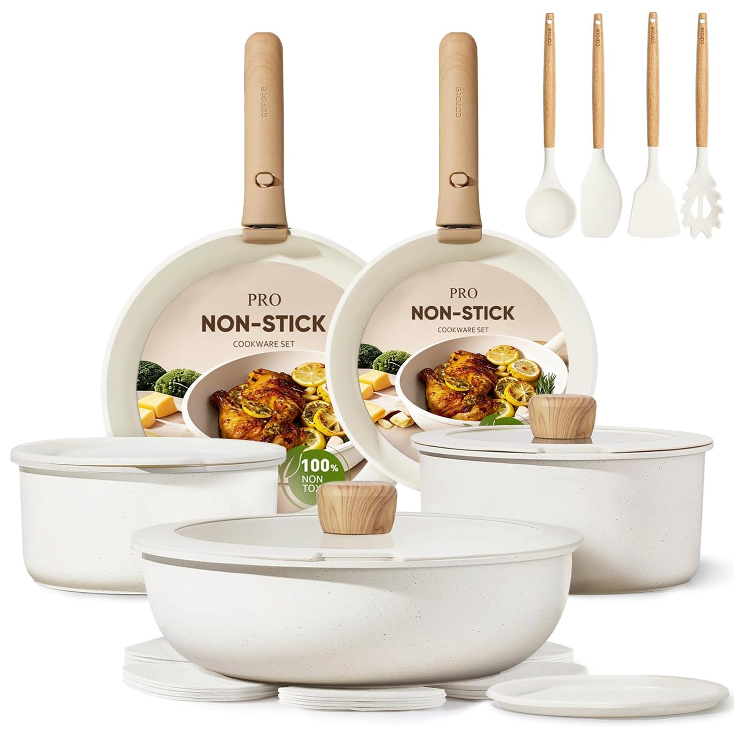 CAROTE 19pcs Pots and Pans Non Stick, Cookware Sets Detachable Handle, Induction Kitchen Pots and Pans,NonStick Cooking Set, Oven/Dishwasher/Fridge Safe, Space Saving