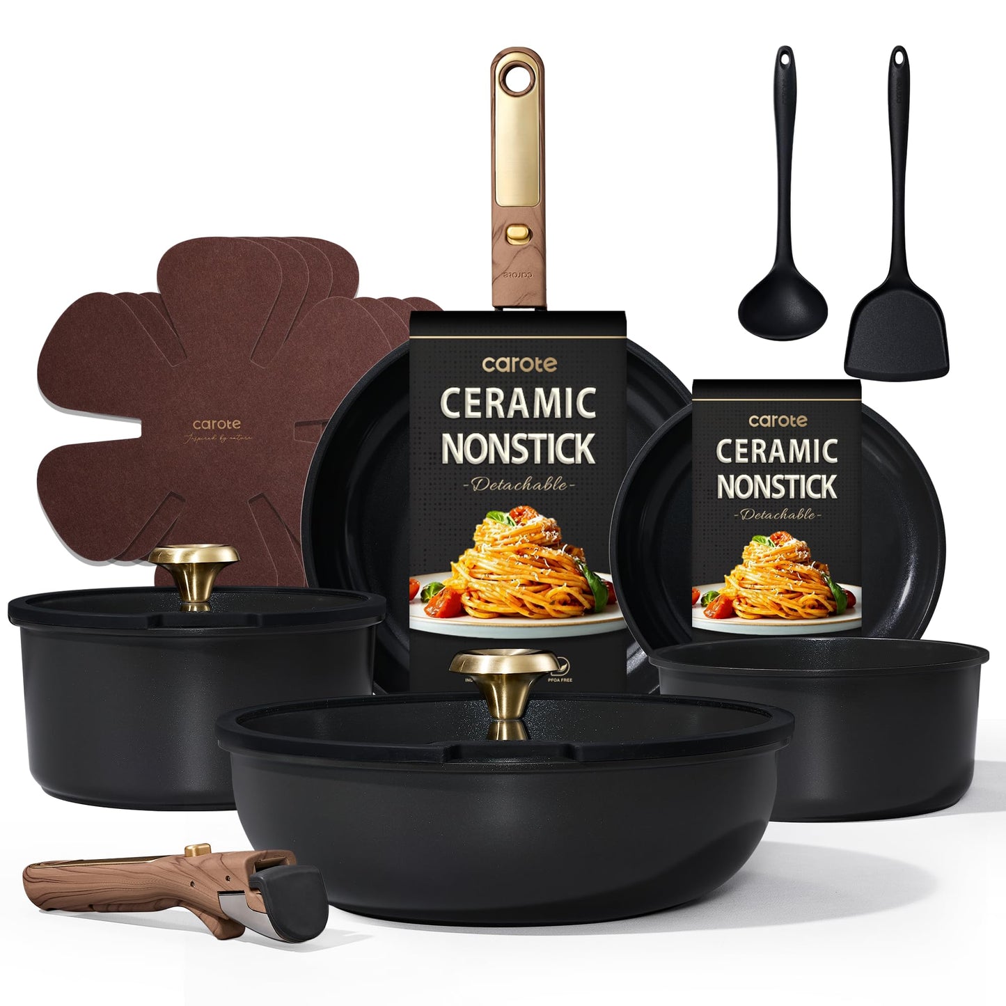CAROTE Green&Gold Nonstick Cookware Set,15Pcs Pots and Pans Set Non Stick Detachable/Removable Handle,Kitchen Cooking Set Dishwasher Safe, RV Kitchen Pot and Pan, Induction Cookware