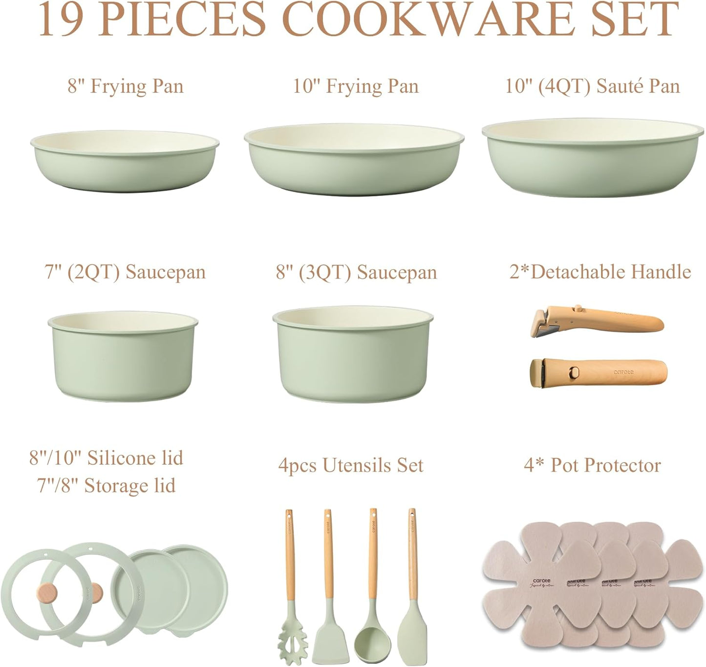 CAROTE Pots and Pans Set, Nonstick Cookware Set Detachable Handle, 19pcs Induction Kitchen Cookware Sets Non Stick with Removable Handle, RV Cookware Set, Oven Safe, Sage Green