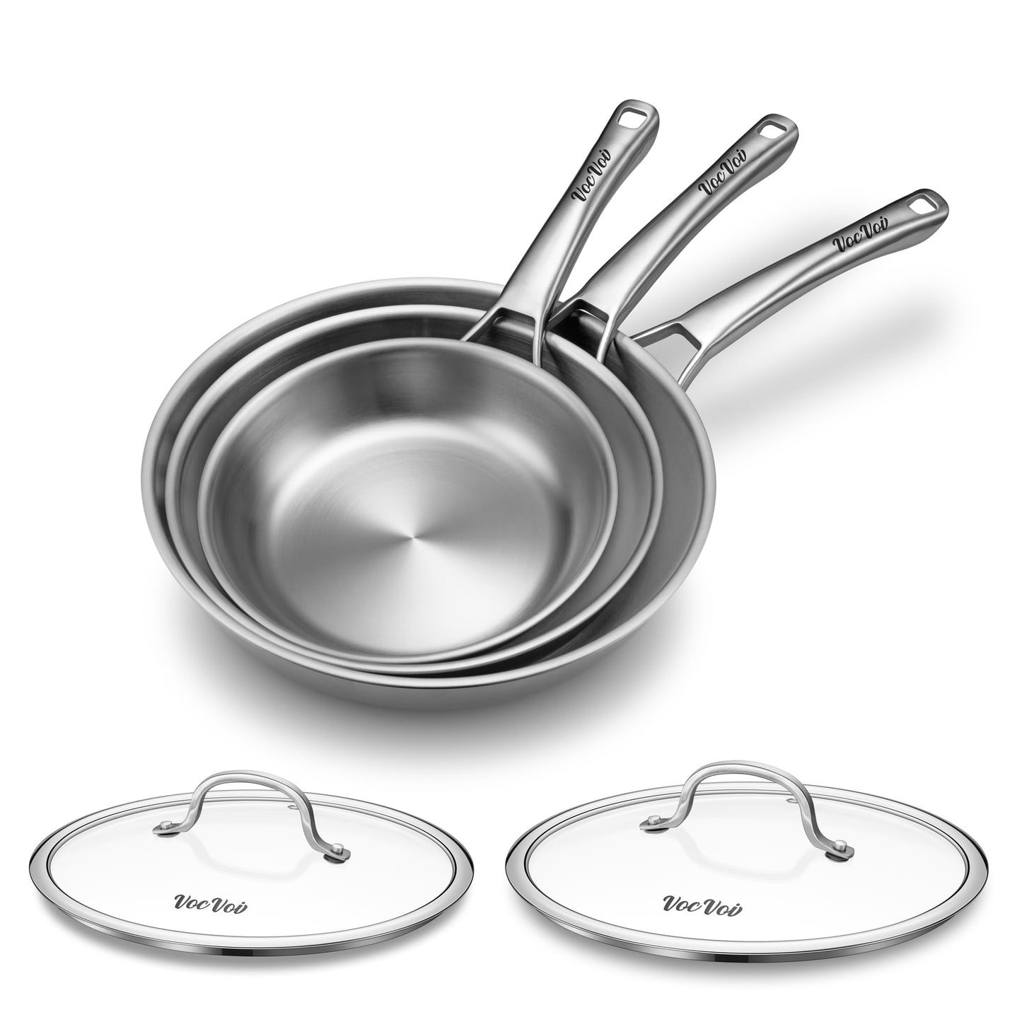 VocVoi Stainless Steel Pan, 12 Inch with Lid Stainless Steel Frying Pan, Non Toxic Tri-Ply Skillet, PFOA&PTFE Free, Oven and Dishwasher Safe, Induction Compatible