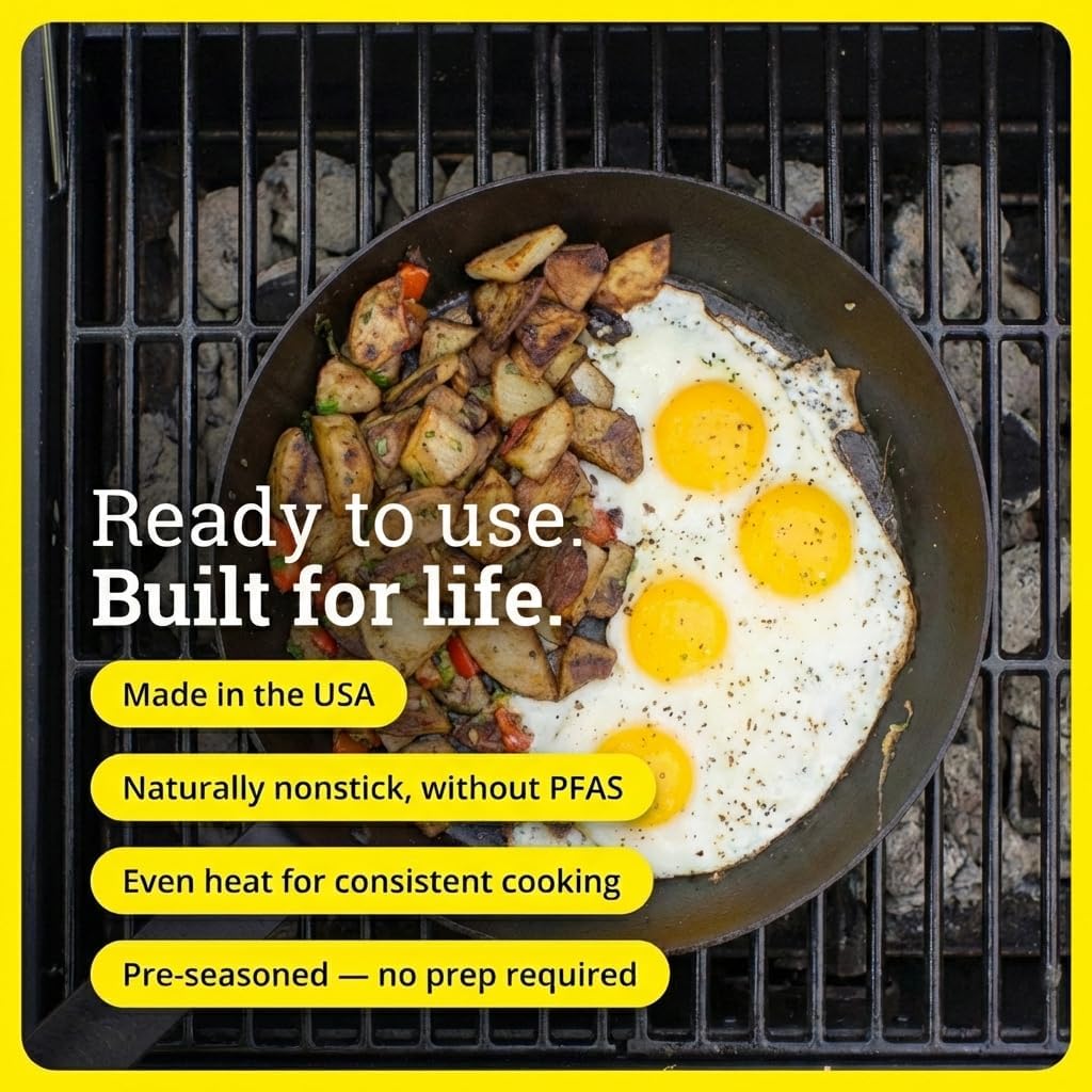 Lodge 12 Inch Carbon Steel Skillet - PFAS-Free Pre-Seasoned Carbon Steel Frying Pan for High-Heat Searing - Long Handle Design for Omelets, Grilling, and Campfire Cooking, Black - Made in the USA