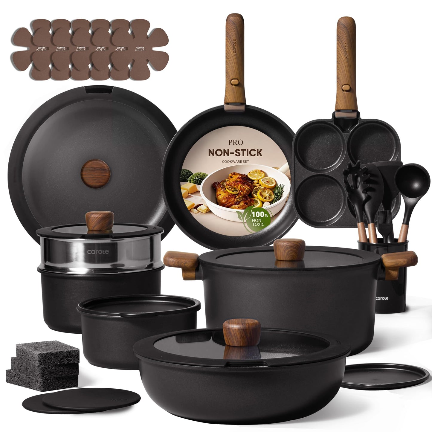 CAROTE 19pcs Pots and Pans Non Stick, Cookware Sets Detachable Handle, Induction Kitchen Pots and Pans,NonStick Cooking Set, Oven/Dishwasher/Fridge Safe, Space Saving