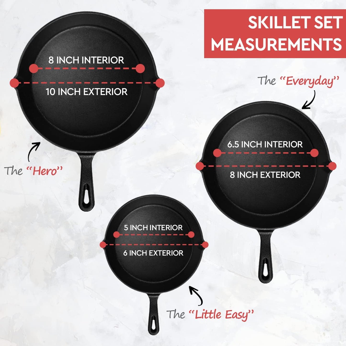 Cast Iron Skillet 3-Piece Set w/Cookbook - Heavy-Duty Professional Restaurant Chef Quality Pre-Seasoned Pan Cookware - 10", 8", 6" Pans - For Frying, Saute, Cooking, Pizza - Black