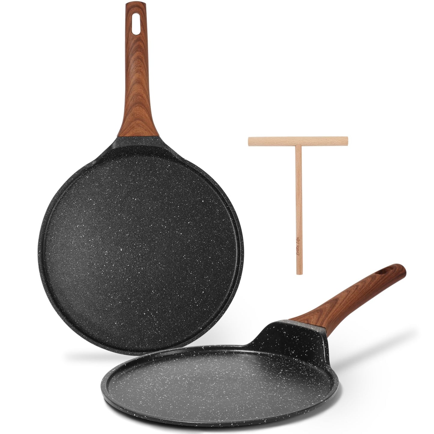 ESLITE LIFE 11 Inch Crepe Pan with Spreader, Nonstick Granite Coating Dosa Pan, Roti Tawa Comal Para Tortillas Pancake Griddle Pan, Induction Compatible, PTFE & PFOA Free, Black