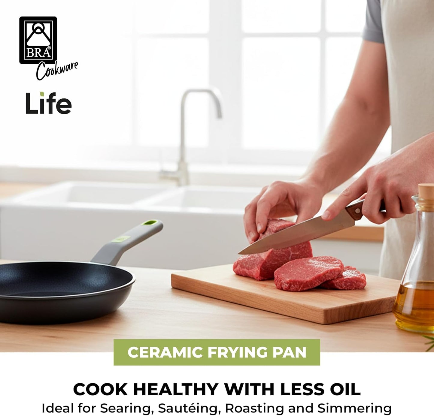 BRA COOKWARE Life Ceramic Nonstick Frying Pan | 10.2 Inch Recycled Cast Aluminum Skillet | Ceramic Non-Stick Fry Pan | PFOA Free Searing Skillet | All Cooktops (incl. Induction) | Soft-Touch Handle