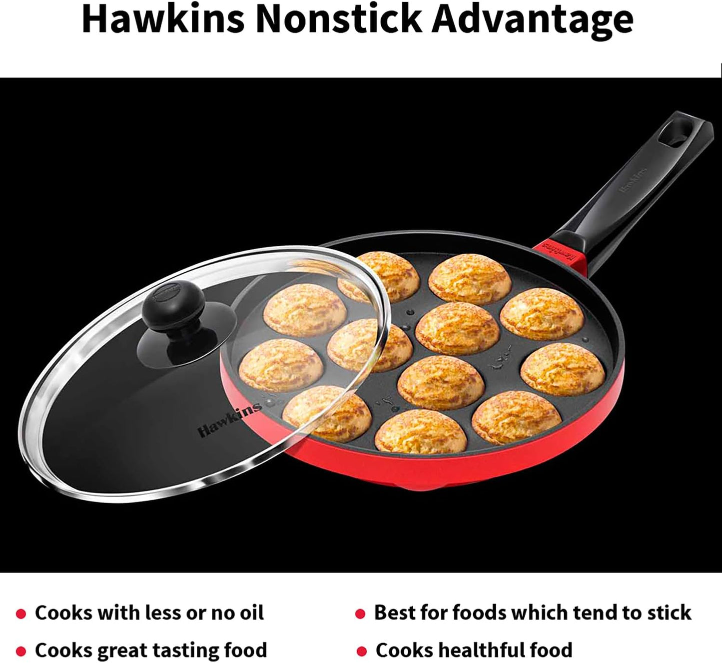 Hawkins Nonstick Appe Pan with Glass Lid, 12 Cups, Diameter 20 cm, Black, Cast Aluminium, Red