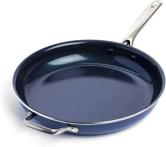 Blue Diamond Ceramic Nonstick 14" Frying Pan Skillet, PFAS-Free Cookware, Jumbo Cooker with Helper Handle, For Large & Family Sized Meals, Dishwasher & Oven Safe, Blue