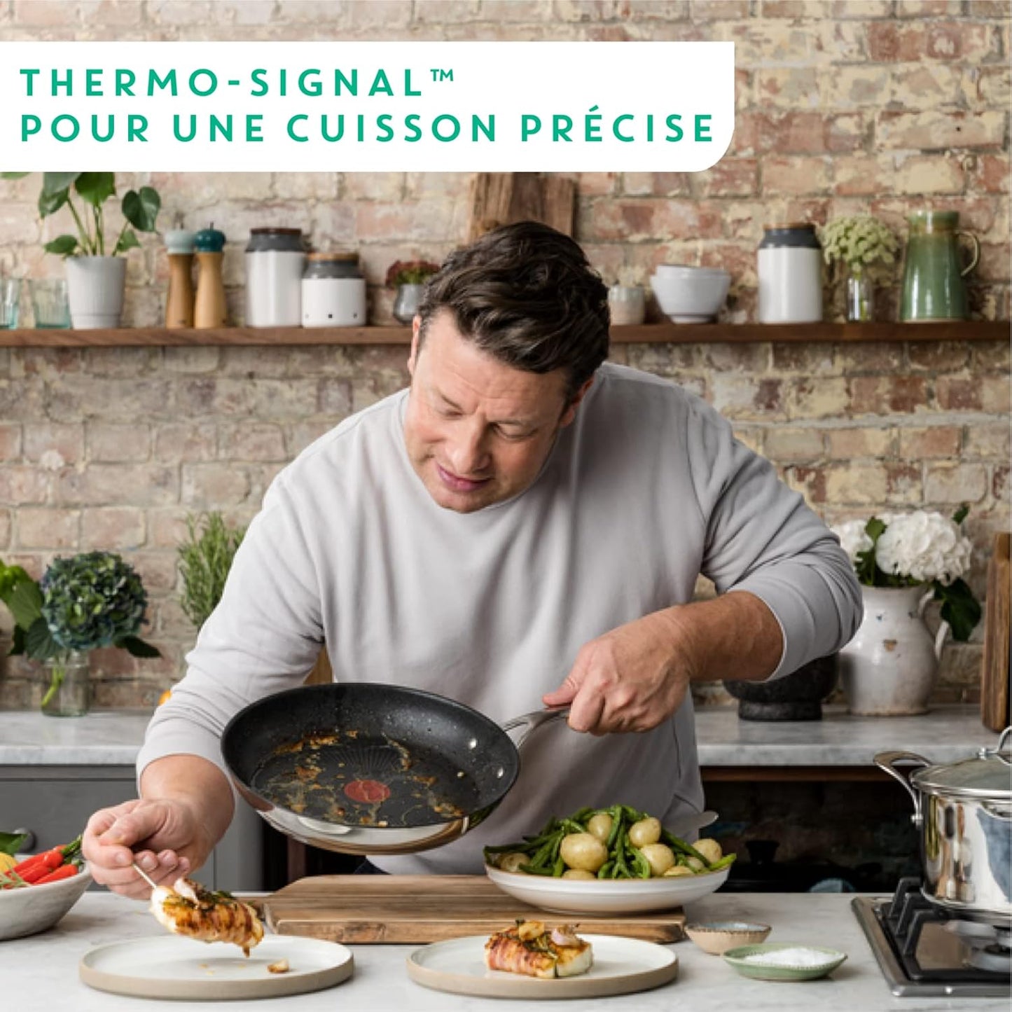 T-Fal x Jamie Oliver Nonstick Coated Stainless Steel Pans 9.5" & 11", Induction Compatible, Oven Safe up to 500°F, Chef's Stainless Steel Skillet, Frying Pan, Silver