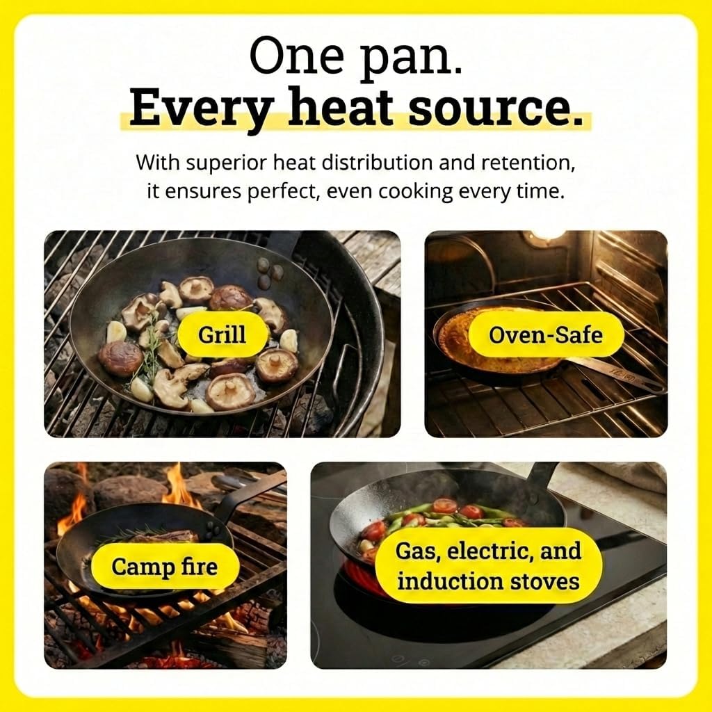 Lodge 12 Inch Carbon Steel Skillet - PFAS-Free Pre-Seasoned Carbon Steel Frying Pan for High-Heat Searing - Long Handle Design for Omelets, Grilling, and Campfire Cooking, Black - Made in the USA