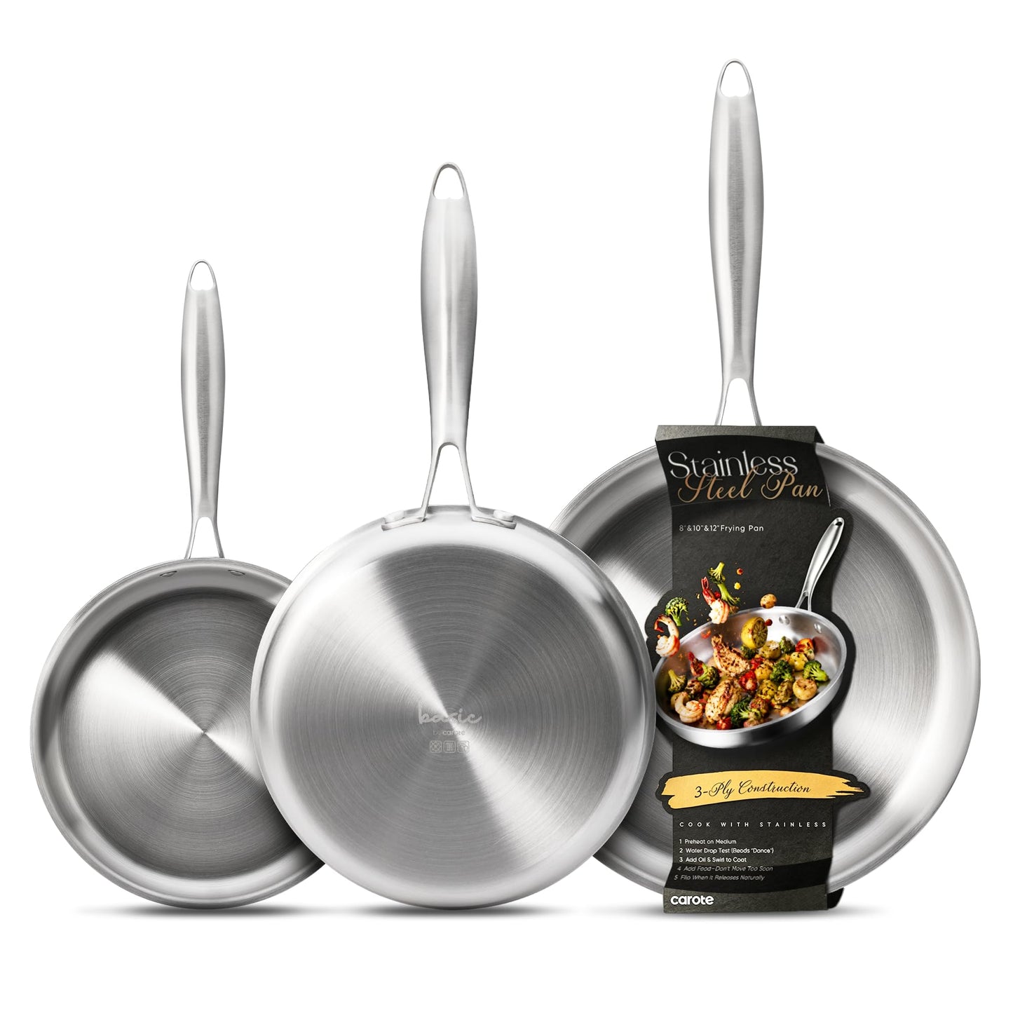 CAROTE 3-Piece Tri-Ply Stainless Steel Frying Pan Set, Skillet Set 8"/10"/12", Induction Compatible, Oven & Dishwasher Safe, Gold Handle, Mothers Day Gifts