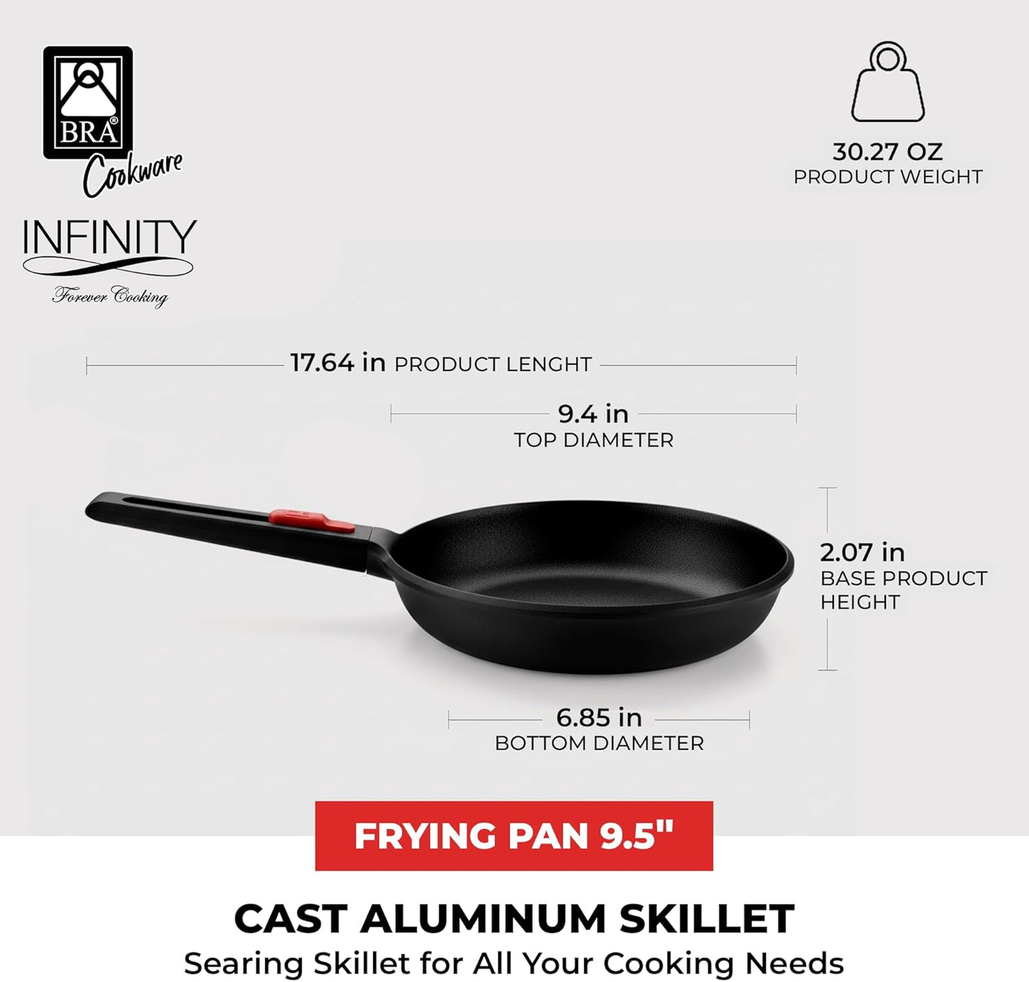 BRA COOKWARE Infinity Nonstick Frying Pan | 9.5-Inch Cast Aluminum Skillet | PFOA/PFAS Free Fry Pan | Removable Handle | All Cooktops (incl Induction) Searing Skillet | Oven Safe up to 425°F