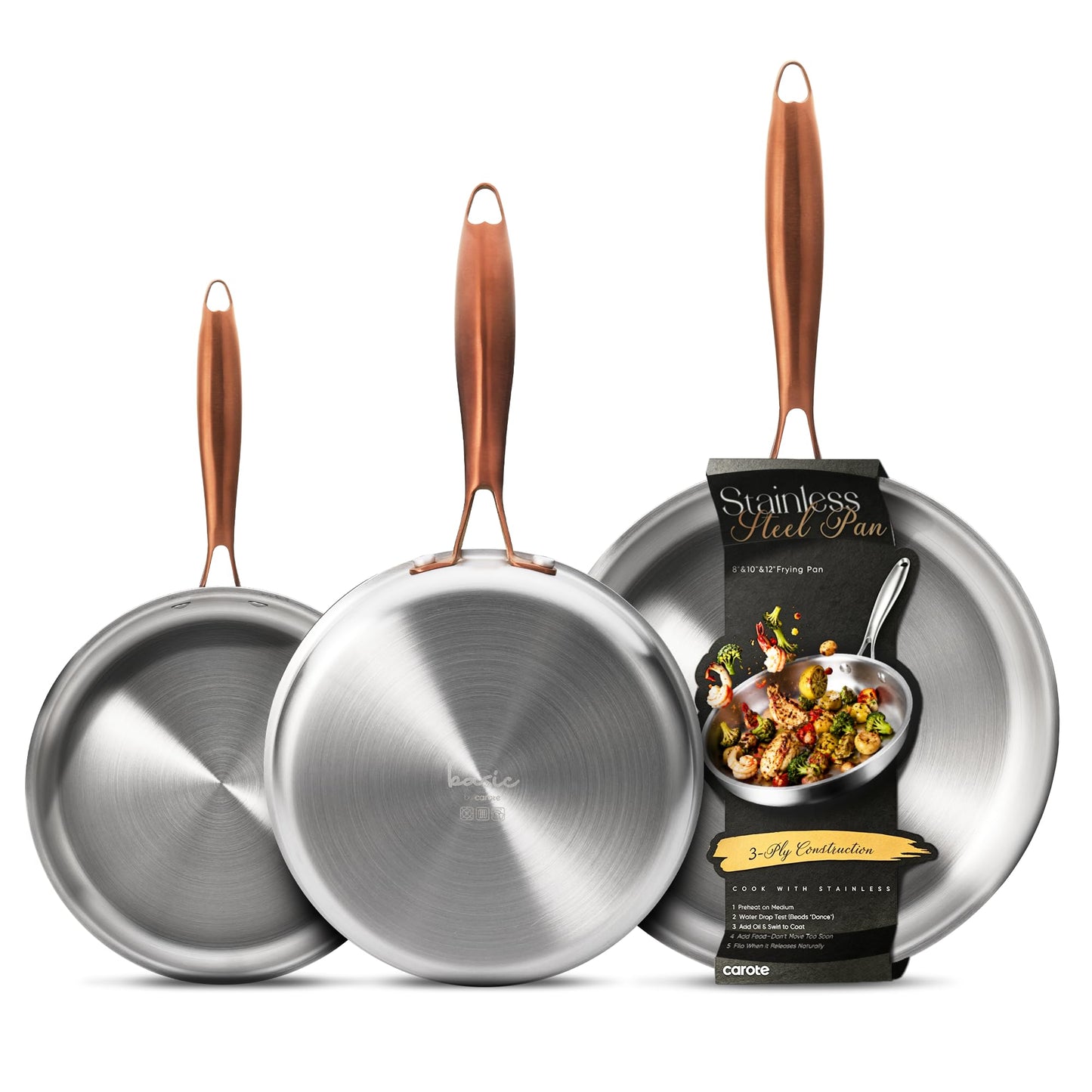 CAROTE 3-Piece Tri-Ply Stainless Steel Frying Pan Set, Skillet Set 8"/10"/12", Induction Compatible, Oven & Dishwasher Safe, Gold Handle, Mothers Day Gifts