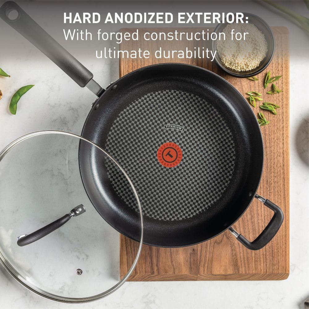 T-Fal Ultimate Hard Anodized Nonstick Fry Pan With Lid 10 Inch, Oven Broiler Safe 400F, Lid Safe 350F, Cookware, Kitchen, Home, Versatile Frying Pan, Skillet, Pots and Pans, Dishwasher Safe, Onyx
