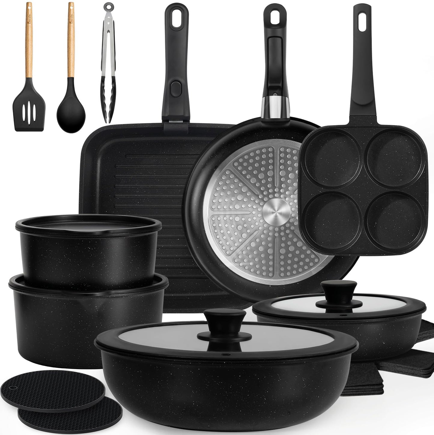 Nonstick Pots and Pans Set - 20 Pack KIKCOIN Stackable Cookware Set with Detachable Handle, RV Kitchen Cooking Set with Removable Handles - Oven Safe, Induction Ready (Black)