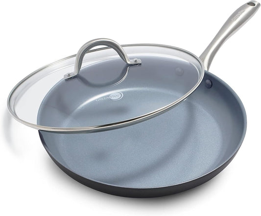 GreenPan Lima Hard Anodized 12" Frying Pan Skillet with Lid, Ceramic Nonstick, PFAS-Free Nontoxic Pots and Pans, Oven & Broiler Safe, Stainless Steel Handle, Cookware for Eggs & Omelet, Gray