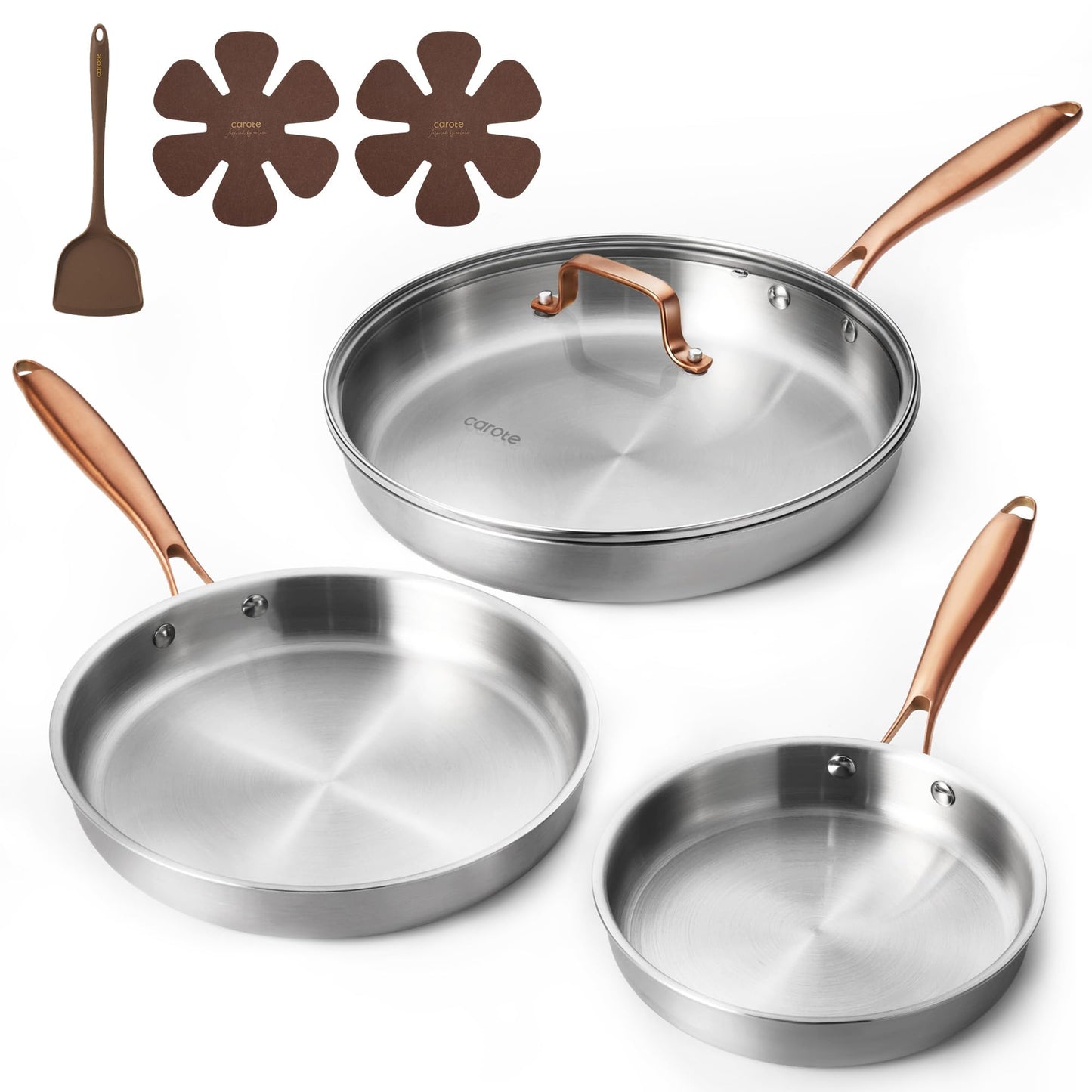 CAROTE 3-Piece Tri-Ply Stainless Steel Frying Pan Set, Skillet Set 8"/10"/12", Induction Compatible, Oven & Dishwasher Safe, Gold Handle, Mothers Day Gifts