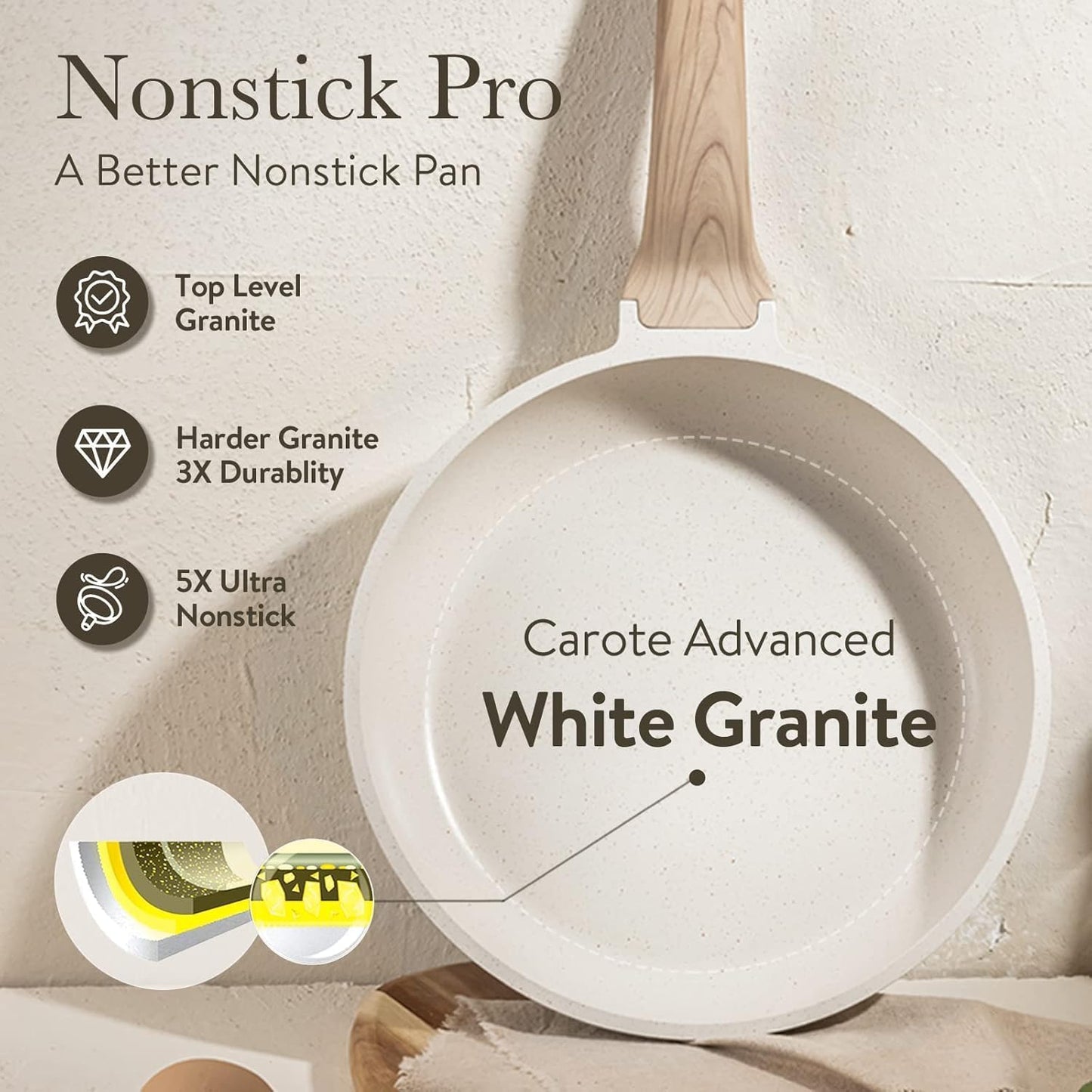CAROTE Non Stick Frying Pan Skillet, Omelet Pan, Healthy Non Toxic Granite Chef Pan, Induction Compatible Egg Frying Pan with Heat-Resistant Handle, PFOA-Free, Cream White, 12"