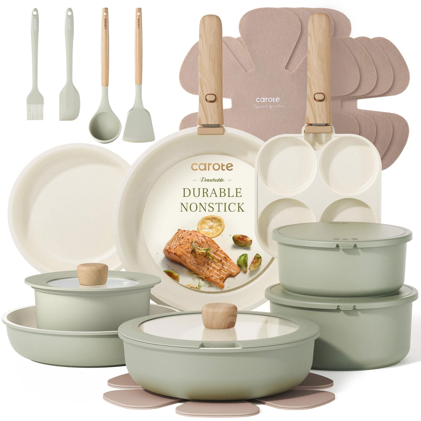 CAROTE Pots and Pans Set, Nonstick Cookware Set Detachable Handle, 19pcs Induction Kitchen Cookware Sets Non Stick with Removable Handle, RV Cookware Set, Oven Safe, Sage Green