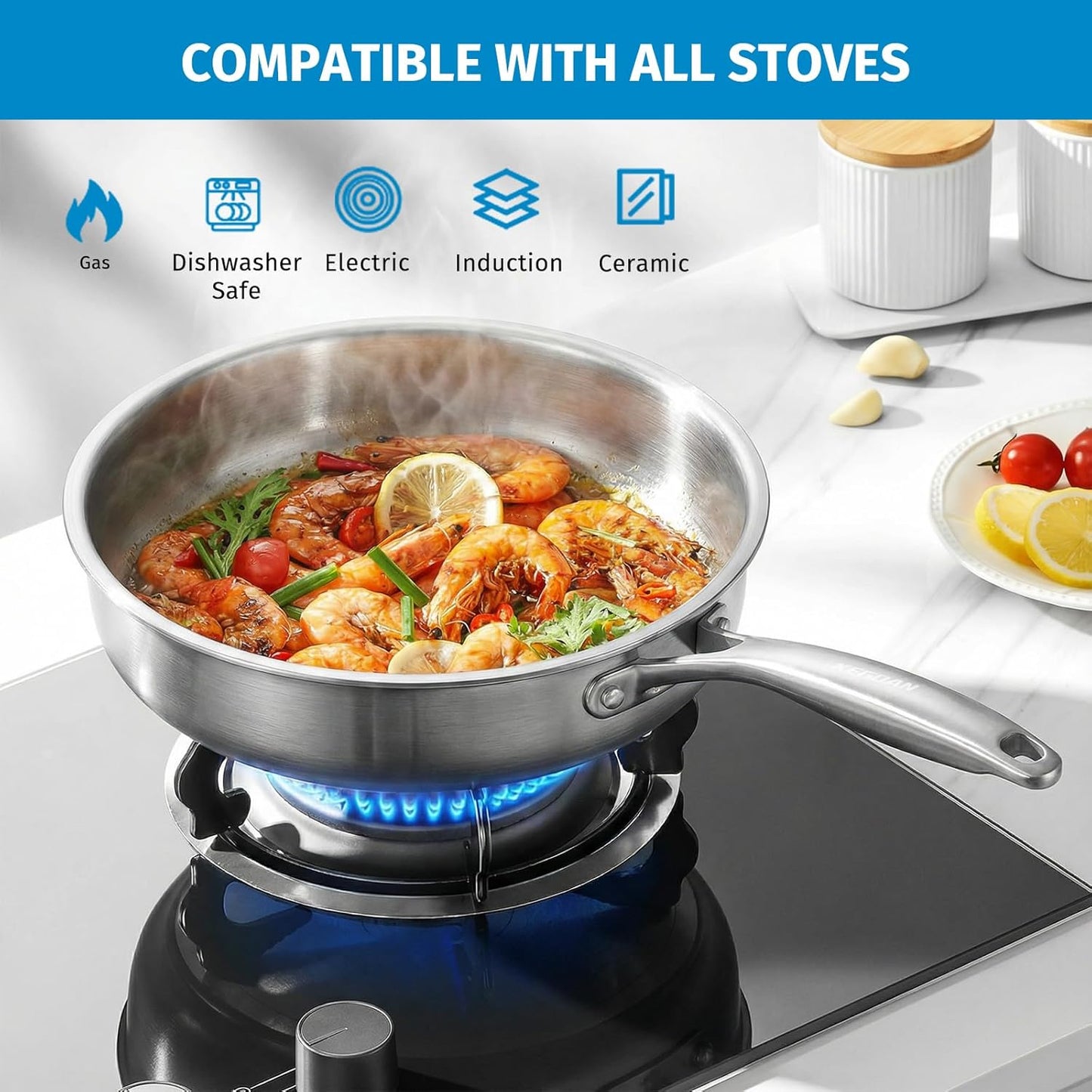 12 inch Stainless Steel Frying Pan, Tri-Ply Stainless Steel Pan with Lid, Oven & Dishwasher Safe, Induction Cooking Pans, Fast & Even Heat