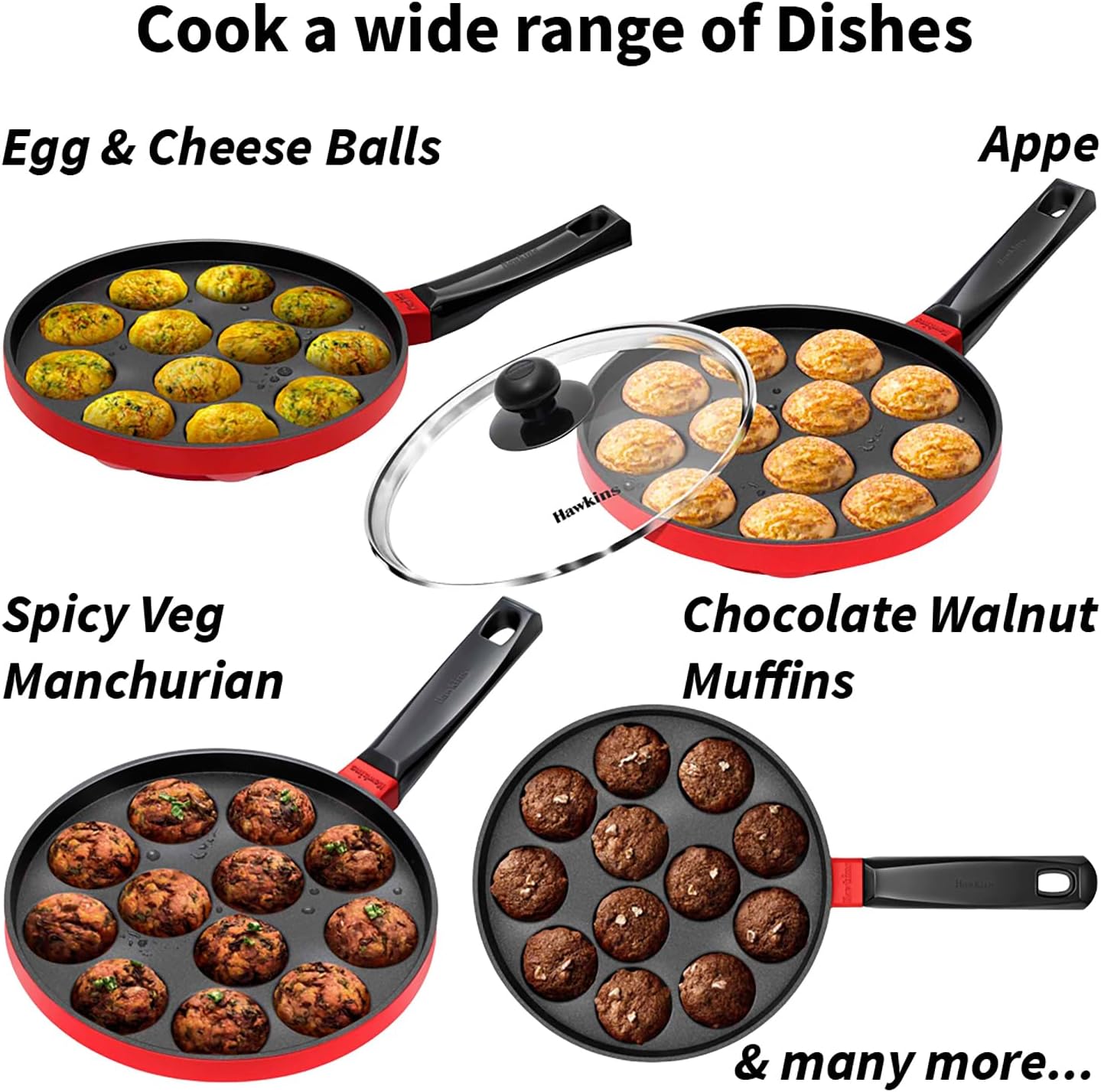 Hawkins Nonstick Appe Pan with Glass Lid, 12 Cups, Diameter 20 cm, Black, Cast Aluminium, Red