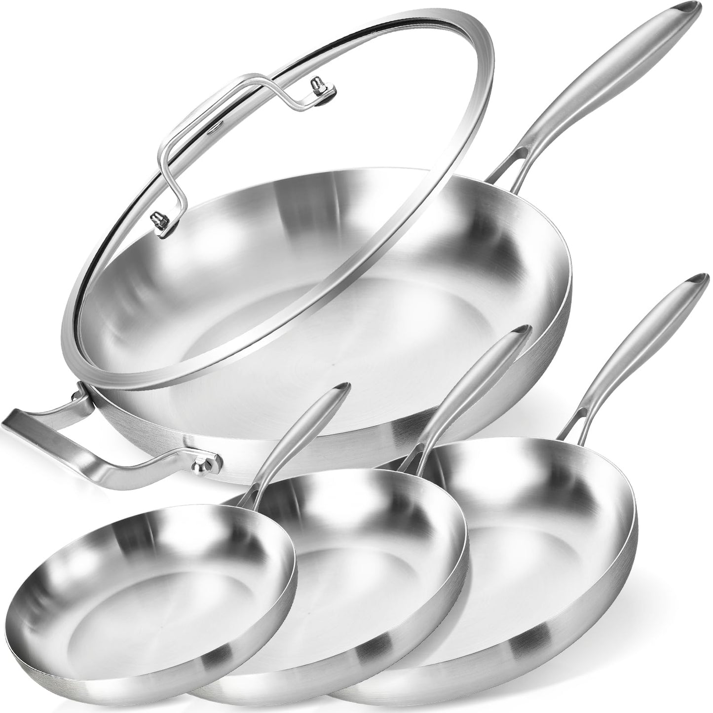 LOLYKITCH 8+10+12 Inch Tri-Ply Stainless Steel Frying Pan Set– Professional Skillet Fast & Even Heating, Induction & Oven Safe Cookware for Modern Home Kitchens, Detachable Handle