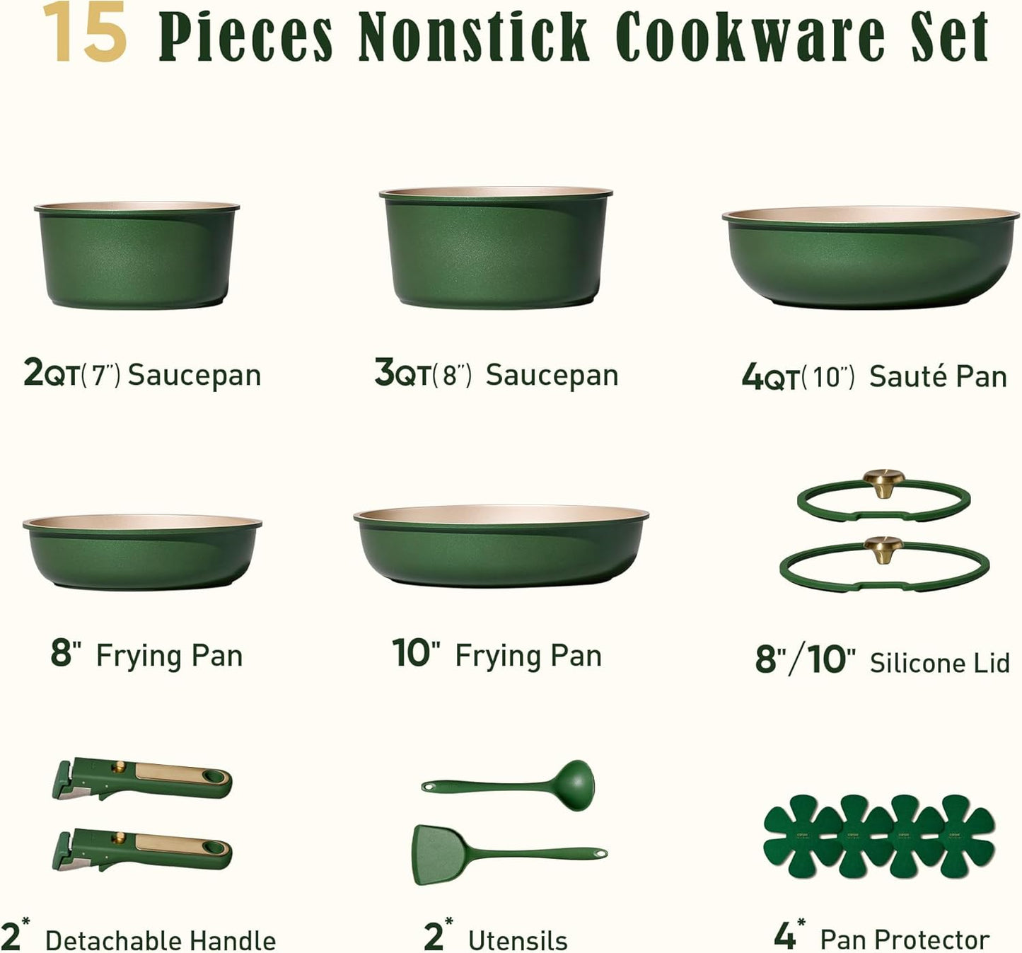 CAROTE Green&Gold Nonstick Cookware Set,15Pcs Pots and Pans Set Non Stick Detachable/Removable Handle,Kitchen Cooking Set Dishwasher Safe, RV Kitchen Pot and Pan, Induction Cookware