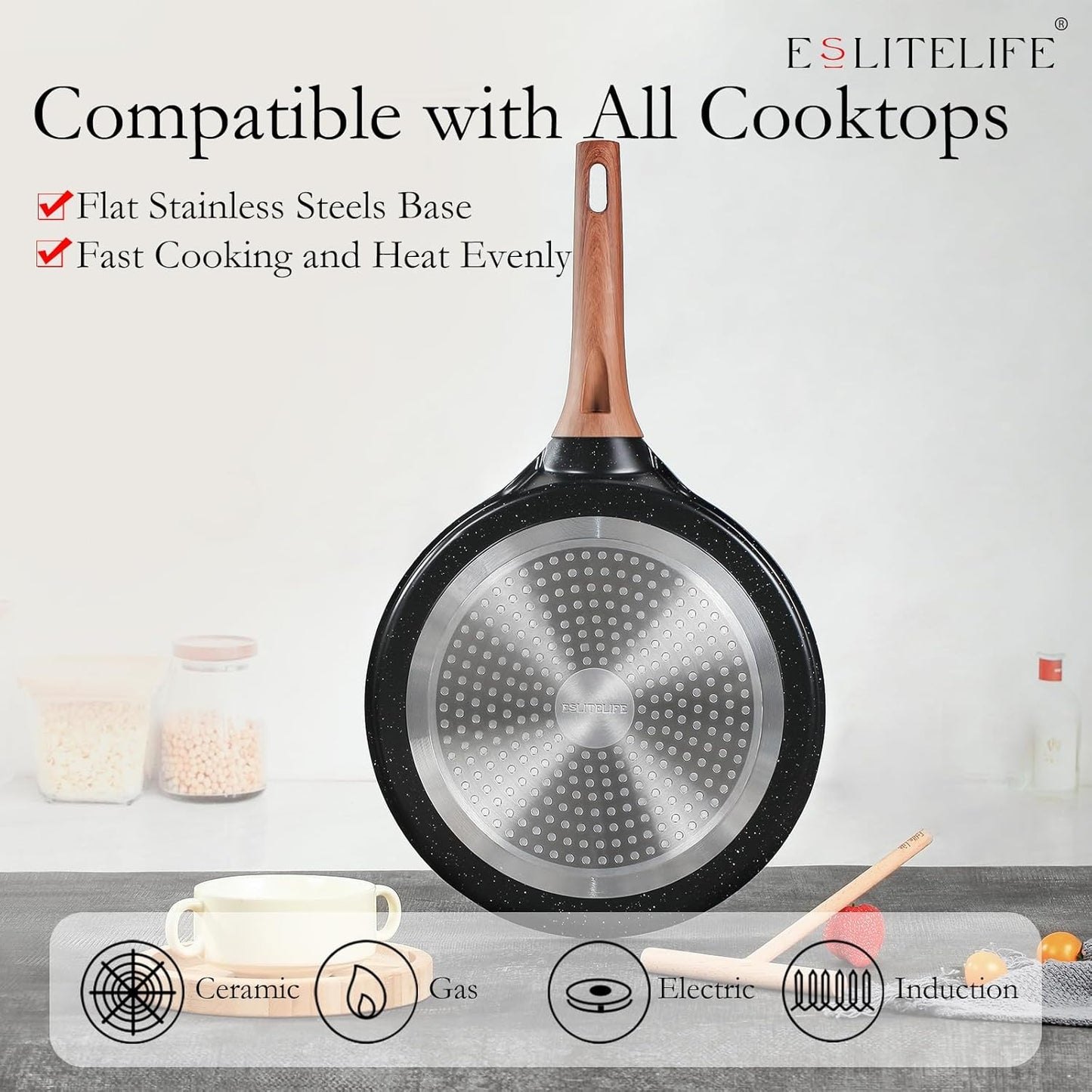 ESLITE LIFE 11 Inch Crepe Pan with Spreader, Nonstick Granite Coating Dosa Pan, Roti Tawa Comal Para Tortillas Pancake Griddle Pan, Induction Compatible, PTFE & PFOA Free, Black