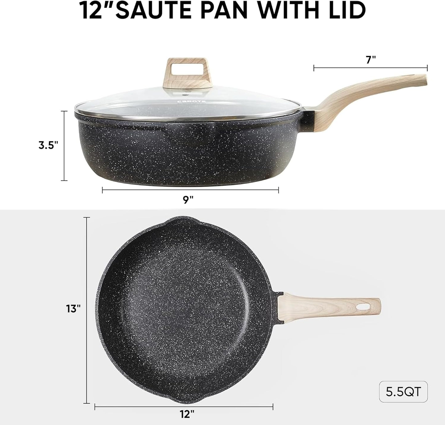 CAROTE 12 Inch Nonstick Deep Frying Pan with Lid, 5.5 Qt Jumbo Cooker Saute Pan with Pour Spout, Skillet Induction Cookware, Non Stick Cooking Pan PFOA Free, Classic Granite