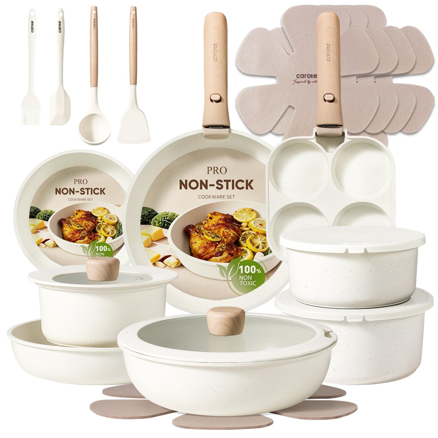 CAROTE 19pcs Pots and Pans Non Stick, Cookware Sets Detachable Handle, Induction Kitchen Pots and Pans,NonStick Cooking Set, Oven/Dishwasher/Fridge Safe, Space Saving