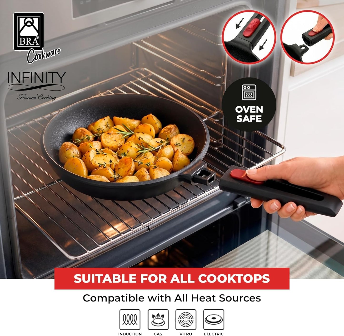 BRA COOKWARE Infinity Nonstick Frying Pan | 9.5-Inch Cast Aluminum Skillet | PFOA/PFAS Free Fry Pan | Removable Handle | All Cooktops (incl Induction) Searing Skillet | Oven Safe up to 425°F