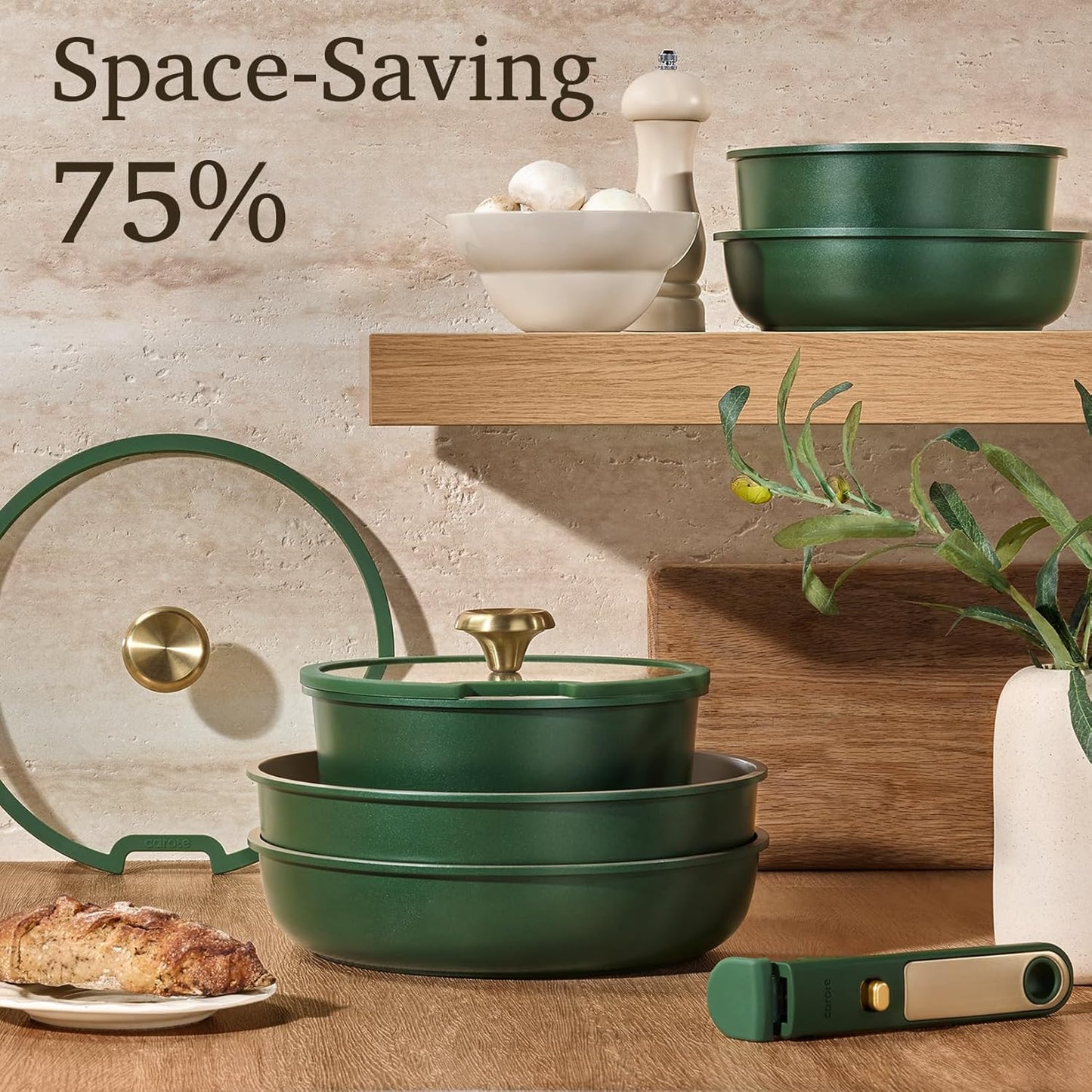 CAROTE Green&Gold Nonstick Cookware Set,15Pcs Pots and Pans Set Non Stick Detachable/Removable Handle,Kitchen Cooking Set Dishwasher Safe, RV Kitchen Pot and Pan, Induction Cookware