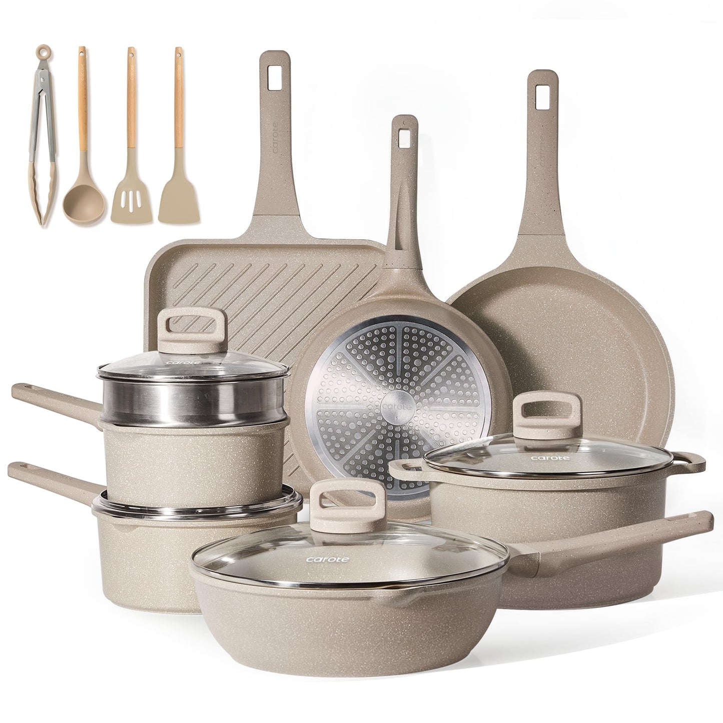 CAROTE 19pcs Pots and Pans Set, Nonstick Cookware Set Detachable Handle, Induction Kitchen Cookware Sets Non Stick with Removable Handle, RV Cookware Set, Oven Safe